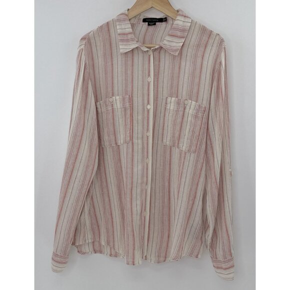Sanctuary Linen Cotton Bld Striped Popover Blouse Roll Tab Slv Sz L Coastal Boho - Picture 2 of 11